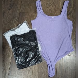 AMAZON QQQ - 3 pack square neck bodysuits - size medium. Purple, Black and White